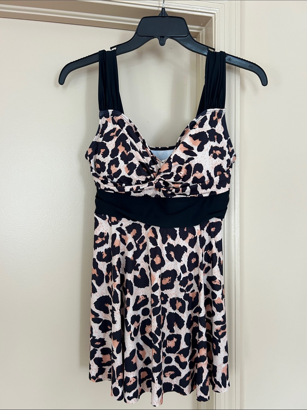 Leopard-Print One-Piece Swimdress with Black Band - Black/cream